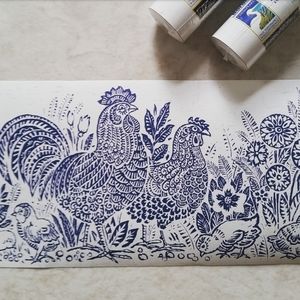 Wallpaper Border Country Chickens Blue & White